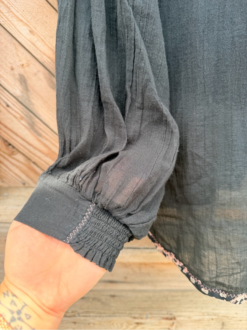 Women's Black Button-Down Shirt with Floral Trim - Picture 5 of 5